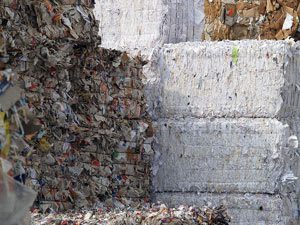 Chipped paper in stacked bales