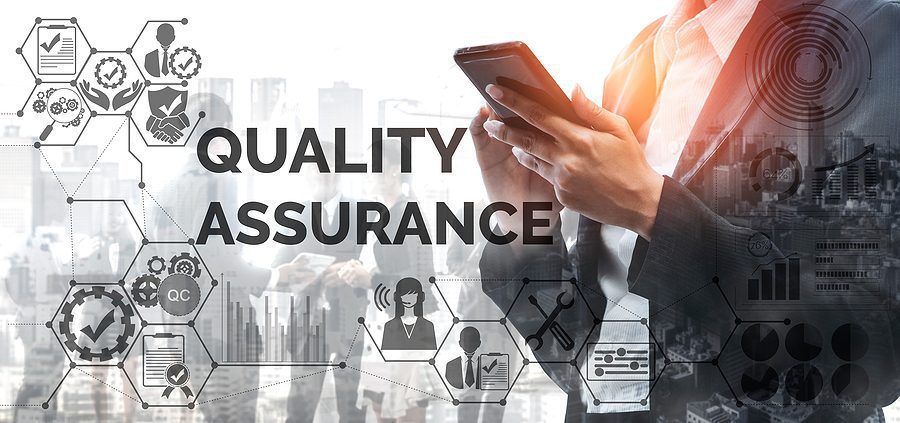 Quality Assurance and Quality Control Concept - Modern graphic interface showing certified standard process and quality improvement technology for satisfaction of customer.