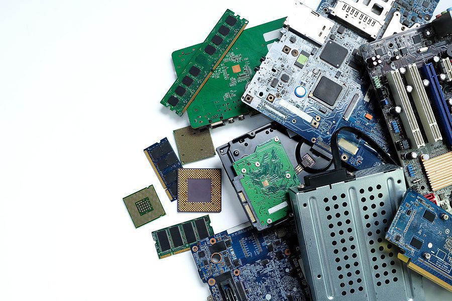 Pile of electronic waste, Motherboard computer and cpu microchips electronic equipment, Printed Circuit Board on white background, E-waste is a problem with environmental concepts.