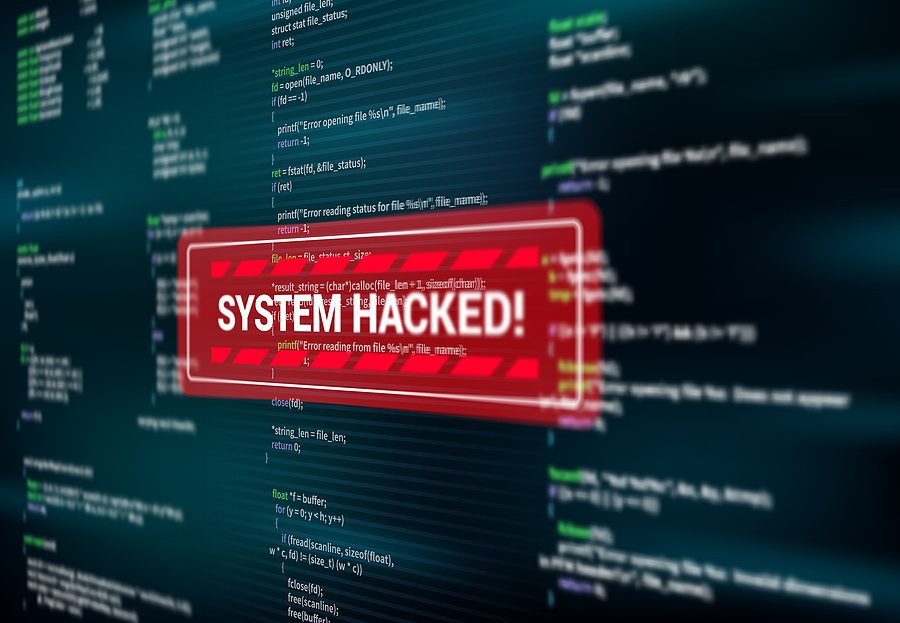 System hacked, warning alert message on screen of hacking attack, vector. Spyware or malware virus detected warning red message window on computer display, internet cyber security and data fraud concept.
