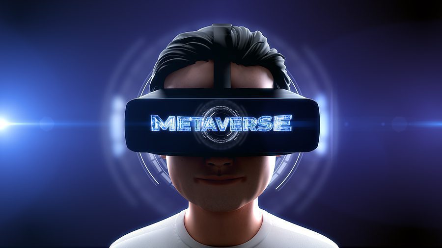 Text "METAVERSE" on VR Headset screen. Close-up shot of a young man wearing VR Headset experiencing 3D virtual reality. Technology related Metaverse concept. 3D Rendering.