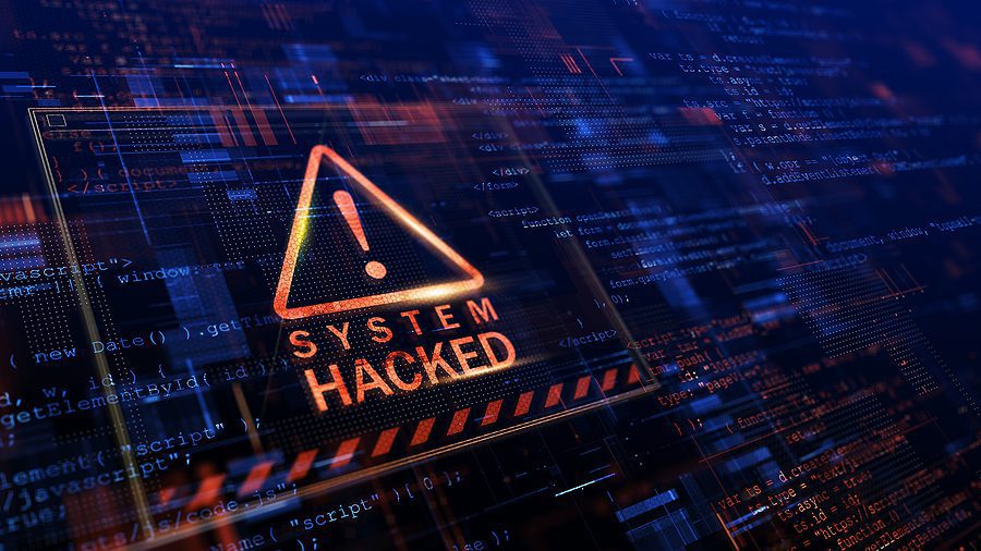 System hacked alert-malware, data breach concept.